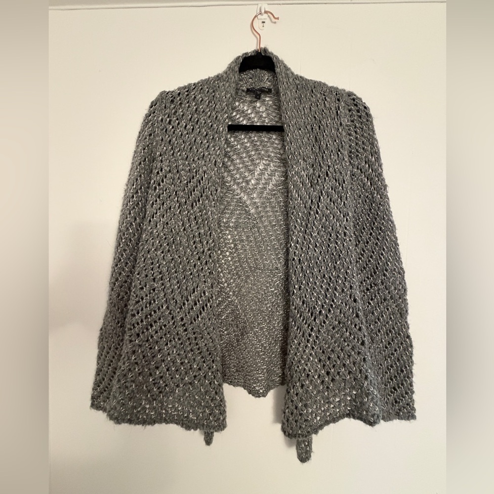 EILEEN FISHER Cardigan Sweater Gray Wool Alpaca Blend Open Knit Crochet Size‎ S